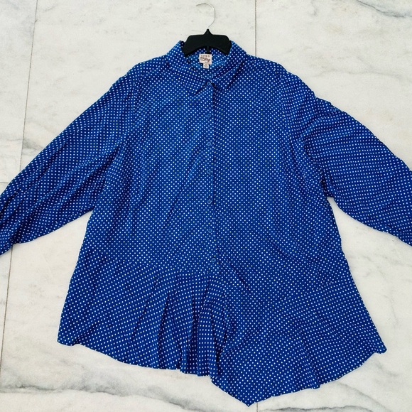 Como Vintage Button Up Top Polka Dot Blue White Asymmetrical Long Sleeve 2X Art - Picture 3 of 11